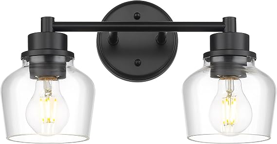 Emak Modern Black Bathroom Lights, Farmhouse Vanity Lighting Fixtures with Clear Glass Shade, 2-Light Vanity Lights for Bathroom, Makeup Desk, Mirror, VL122-BK-CG-2