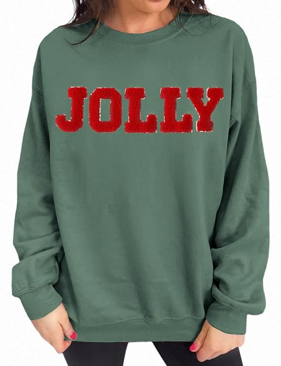 Arssm Women's Merry Christmas Sweatshirt Graphic Chenille Patch Letter Printed Crewneck Xmas Oversized Pullover Top