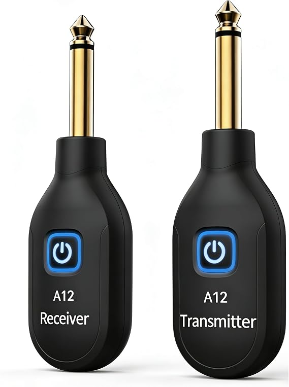 A12 Wireless Guitar Transmitter Receiver for Electric Guitar Bass, Wireless Guitar System 2.4GHz with 2 Modes, Over 30m/100 Feet Transmission, Plug & Play, Upgrade Thumb-Size - Black (1TX + 1RX)