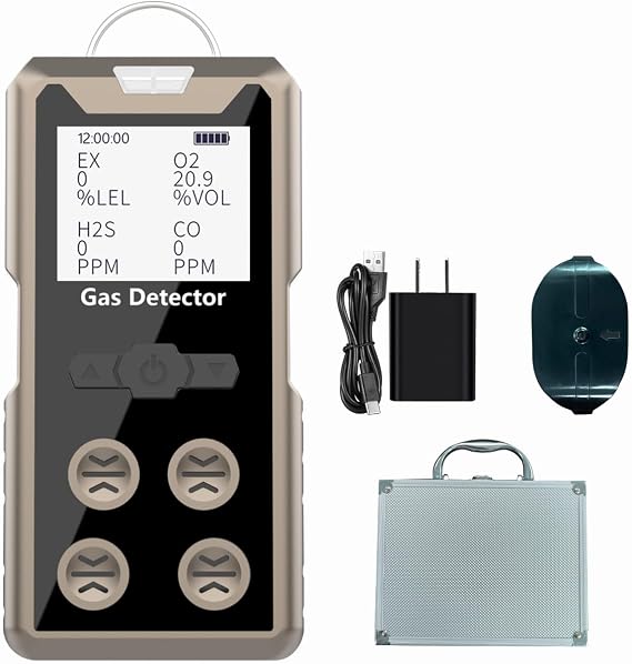 Aluminum Alloy Portable 4 Gas Detector, 4 in 1 Multi Gas Monitor Tester,H2S,O2,CO and EX Rechargeable LCD Display Gas Sniffer Alarm,Gas Clip Sound Light Shock Alarm (Grey)