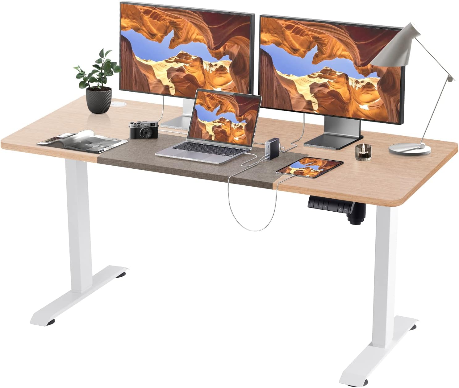 Devoko Electric Standing Desk, 140 x 70 cm Adjustable Height Desk, Home Office Sit Stand Up Desk Beige
