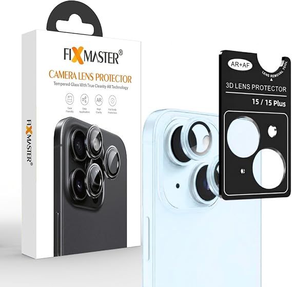 Fixmaster iphone 15-15 Plus Uyumlu Kamera Lens Koruyucu, Mavi, Orijinal Rengiyle Kusursuz Uyum, Darbe Emici, 9H Temperli Cam, Kolay Kurulum, Anti-Reflection Kaplama, Metal Çerçeve