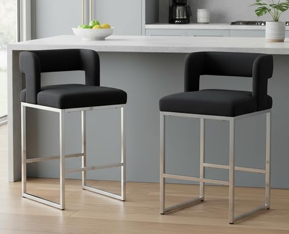 Shunzhi Modern Upholstered Counter Height Bar Stools Set of 2 Black Velvet Barstools Square Bar Chairs Counter Stools with Back/Metal Base for Kitchen Island/Dining Room/Home Bar/Pub,26 Inch