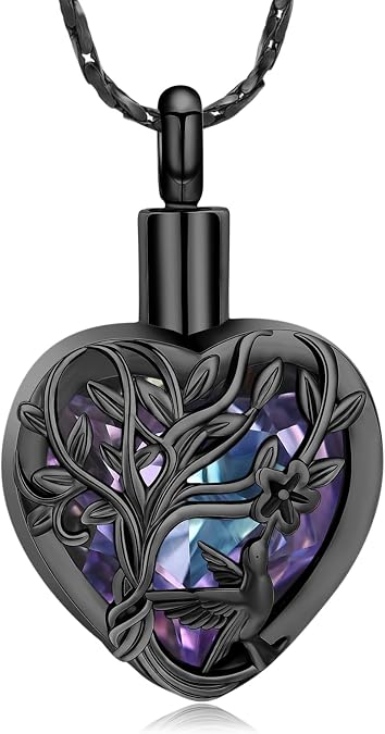 Imrsanl Tree of Life Cremation Jewelry Crystal Heart Urn Necklace | For Ashes, For Women Men, Hummingbird Flower Memorial Pendant, Ashes Holder Keepsake of Loved One