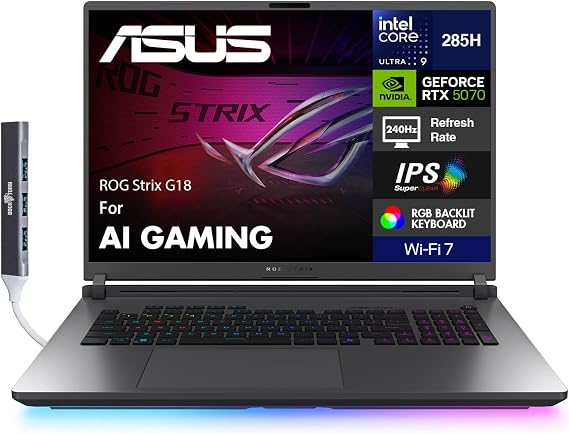 ASUS ROG Strix G18 Gaming Laptop 18" 240Hz WQXGA IPS Nebula Display (Intel Ultra 9-275HX, GeForce RTX 5070 8GB, 64GB DDR5, 8TB SSD, Per-Key RGB, Thunderbolt 4, Win 11 Pro) w/DKZ USB Port Expander