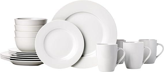 Amazon Basics 16-Piece Porcelain Dinnerware Set, Microwave and Dishwasher Safe, Service for 4, Plates, Bowls and Mugs, White