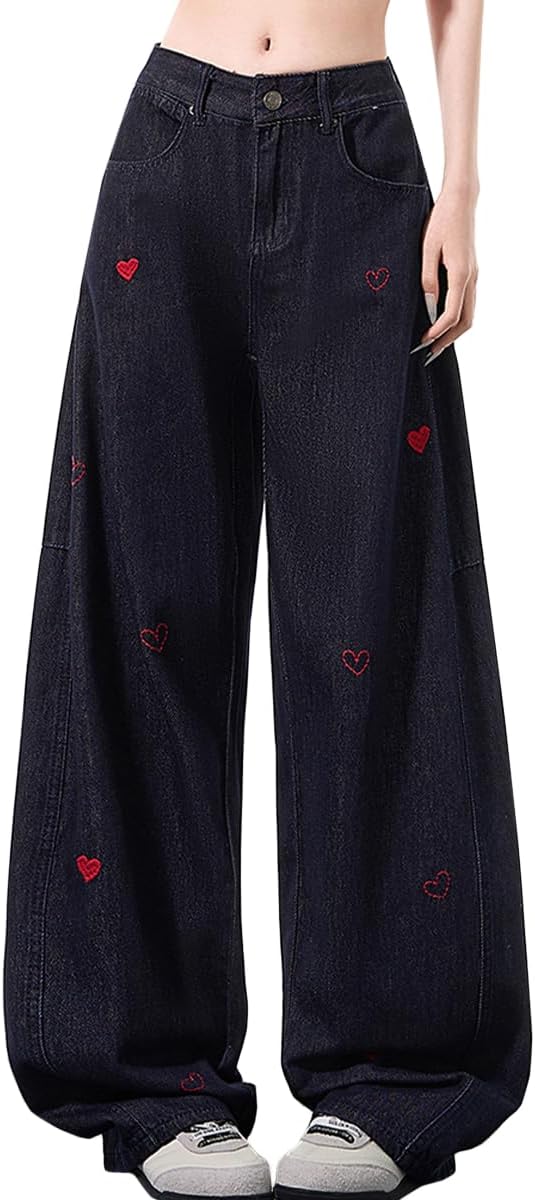 Women's Cute Casual High Waisted Wide Leg Jeans Y2K Vintage Kawaii Heart Embroidered Baggy Denim Pants