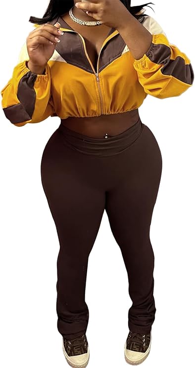 Recious Womens Sexy 2 Pieces Colorblock Zipper Jackets Crop Tops Shirts Bodycon Pants Party Clubwear Tracksuit Outfits Set