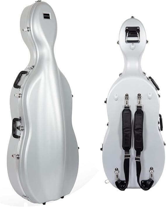 Crossrock ABS Cello Case for 4/4 & 3/4 Size | Matte Silver Diamond Texture, Wheels, Lock & Backpack Straps Lightweight Hard Case for Student & Daily Use