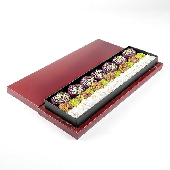Sultan Bohca Baklava & Double Roasted Turkish Delight Burgundy Box - Mixed Luxury Turkish Delight (1.76 lbs)