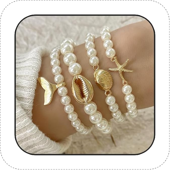 Pearl Bracelets for Women Simulated Pearl Beaded Bracelet White Pearls Stackable Stretch Bracelet Set Multilayered Elastic Pearls Bracelets for Women Bridesmaid Bridal Jewelry
