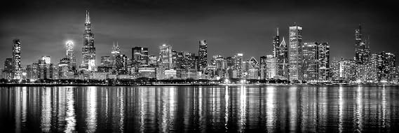 Chicago Skyline UNFRAMED PRINT Poster Photo Night Black & White B&W BW 11.75 inches x 36 inches Photographic Panorama Picture Standard Size