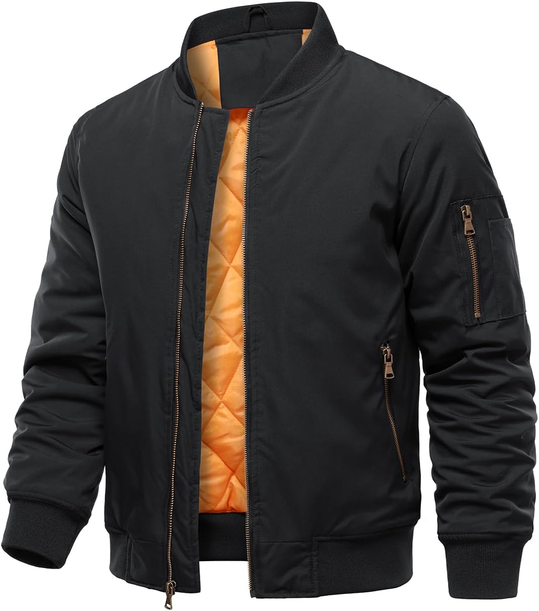 HOOD CREW Mens Bomber Jackets Autumn Winter Warm Padded Jacket with Zip Casual Lightweight Transition Jacket Coats with Pocket