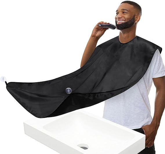 Beard Bib Beard Apron, Beard Hair Catcher for Men Shaving & Trimming, Non-Stick Beard Cape Grooming Cloth, Waterproof, with 4 Suction Cups, Best Gifts for Men - Black