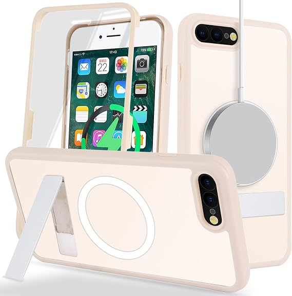 for iPhone 8 Plus Case with Screen Protector,Compatible with Magsafe, Stand,for iPhone 7 Plus Magnetic Case with Built in Screen Protector,Cream