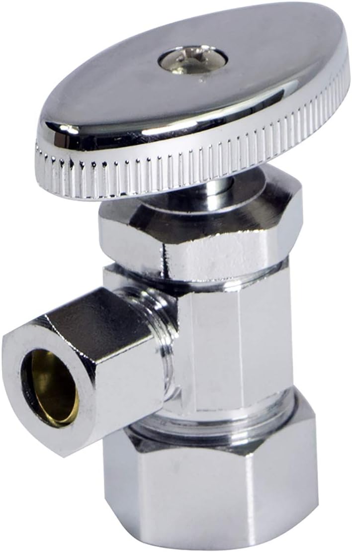 Midline Valve 71114QS-OM Water Supply Stop Valve with Multi-Turn Wheel; Angle Shut-off for Toilet, Sink, Dishwasher, Heater; 1/2 in. FIP x 1/4 in. O.D. COMP; Chrome Plated Brass