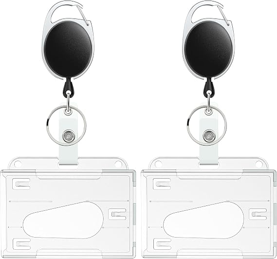 Pawfly 2 Pack Thumb-Slot Badge Holder 2-Card Horizontal Clear Plastic Case with Retractable Badge Reel Carabiner Clip Hard Card Protector for IDs Credit Cards Drivers Licenses and Passes
