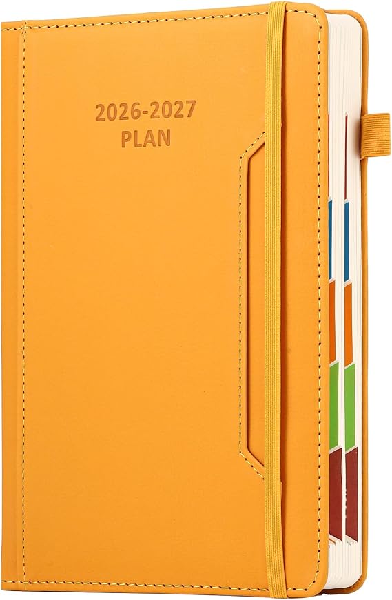 Academic Diary Year 2026-27 A5 Page A Day,Mid Year Academic Planner Jul 2026 to Jun 2027,Hardcover Agenda with Pen Holder, Front Pocket,Colorful Monthly Tab,Elastic Closure (Yellow)