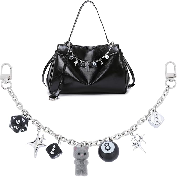 Silver Y2k Bag Chain Charm 8 Ball Dice Star Pendant Handbag Purse