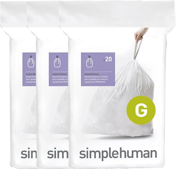simplehuman CW0257 code G Custom Fit Bin Liner Bulk Pack, White Plastic (3 Pack of 20, Total 60 Liners)