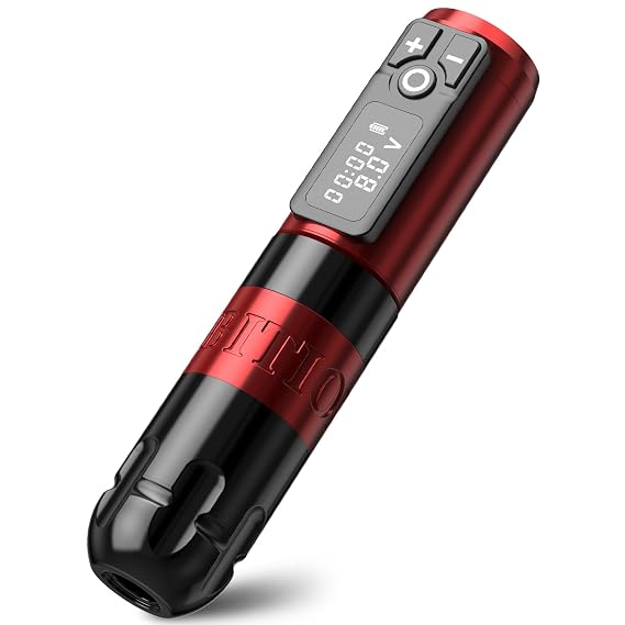 Ambition Soldier Rotary Battery Pen Tattoo Cartridge Machine with 2400mAh Wireless Power Coreless Motor Digital LED Display Tattoo Equipment Supply for Tattoo Artists (Polish Red)