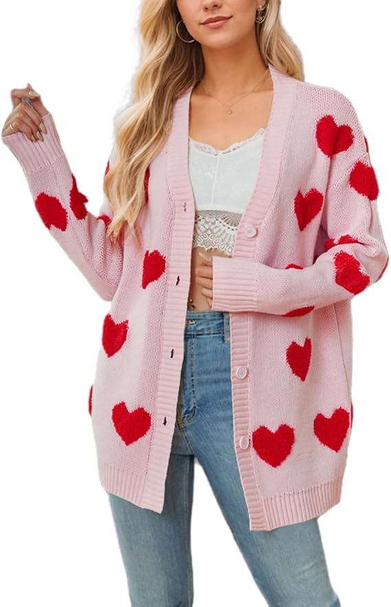 Button Down Valentine Cardigan Sweater for Women Casual V Neck Long Sleeve Heart Print Open Front y2k Cardigans Coat