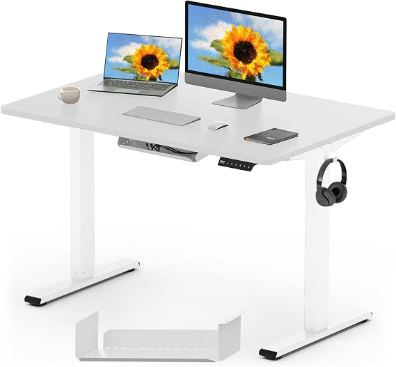FLEXISPOT ONE PIECE Electric Standing Desk Height Adjustable Desk Sit Stand Desk with 4 Memory Smart Pannel and Backpack Hook for Home Office, 120 x 60cm White