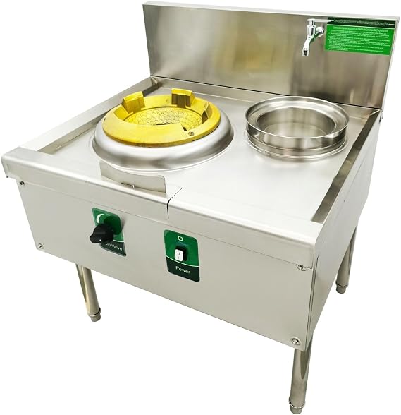 Commercial Gas Wok Stove Chinese Wok Range Burner Natural Liquefied Gas Stove Cooker Single Burner 15.4" Stainless Steel with Baffle and Water Basin 120W 110V