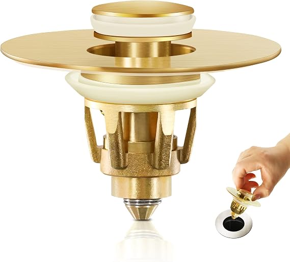 Gold Bathroom Sink Stopper Pop Up Drain Stopper & Strainer, 2-in-1 Universal Sink Stopper, Compatible with 1.1" to 1.5" Bathroom Sink Drain Pipes, Gold Matte Brushed Finish