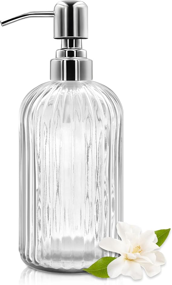 18 Oz Glass Soap Dispenser with Stainless Steel Pump, Modern Ribbed Design Refillable Liquid Soap Bottle for Bathroom, Kitchen, Hand Soap, Dish Soap, or Lotion