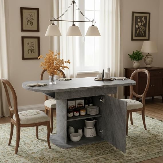 Coolfish Extendable Oval Dining Table, 110/130cm x 70cm w/Storage Function, Modern Minimalist Style Space-Saving Multi-Functional Dining Table, Cement Grey+Silver Handles