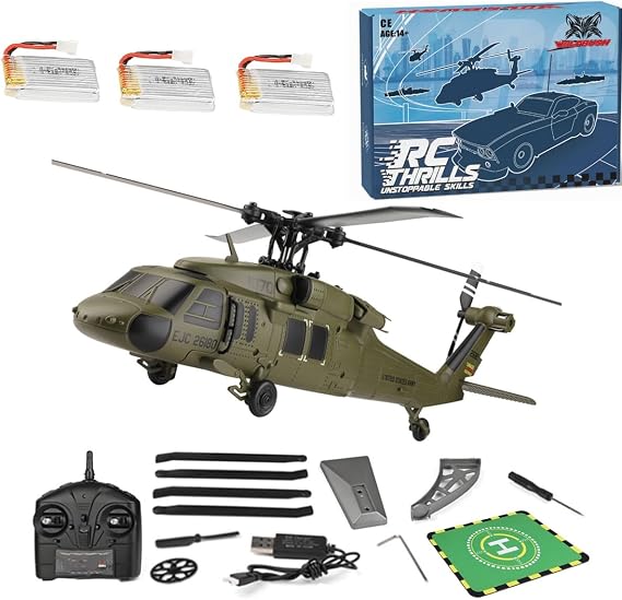 RC Helicopter Model, Wltoys K170 BK Hawk UH-60L 170 Size 4CH Flybarless Helicopter with Adjustable Left and Right Hand Throttle (RTF Version)