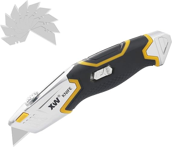 XW Auto Loading Utility Knife, 3-Position Retractable Box Cutter with 5 Pre-loaded Blades, Bonus 10 Blades Included