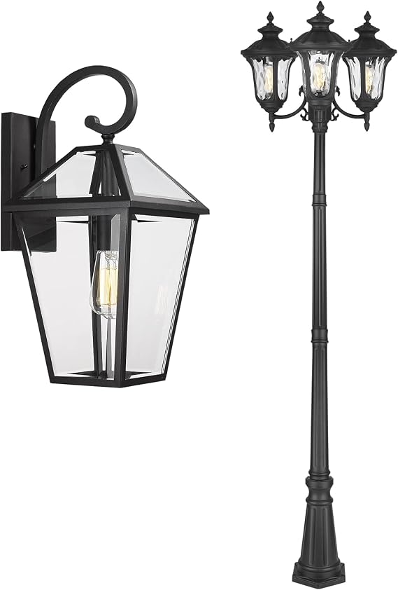 Outdoor Wall Lights Fixtures + 3-Head Lamp Post Light with Water Ripple Glass, Exterior Porch Lights, Waterproof Outside Wall Sconce for House Front Patio