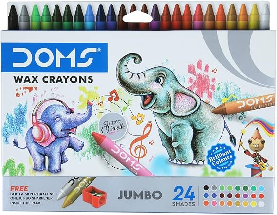 Doms 24 Shades Jumbo Wax Crayons | Smooth & Even Shading | Bright & Playful Colors | Free One Sharpner, Gold & Silver Crayon Inside | Non-Toxic & Safe for Childrens | Pack of 1