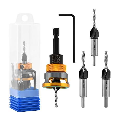 Countersink Drill Bit Set with Adjustable Depth Stop, Features M2 HSS Countersink Bit Carbide Drill Bits 1/4 Hex Shank Quick Change for Woodworking Tools & Hand Tools(Size:4 Pcs)