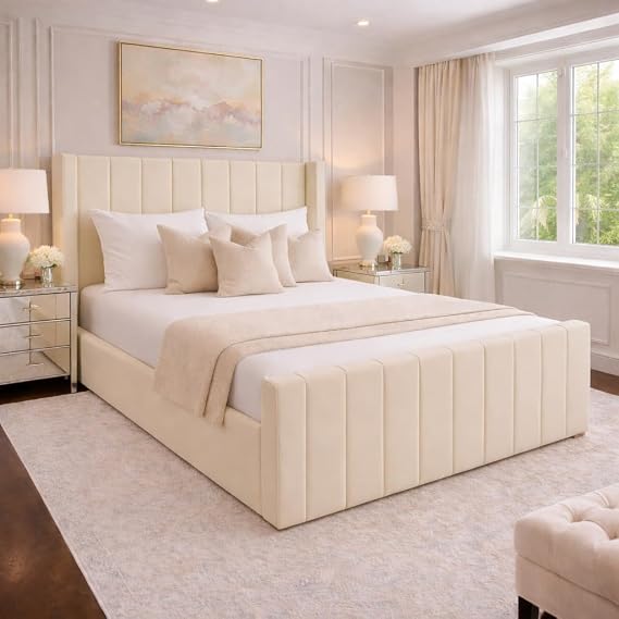 Royal Wingback Bed Frame | Double King SuperKing Size | Fully Upholstered Luxury Bed | Optional Gas Lift & Mattress (Cream Plush, King 5ft Bed Frame)
