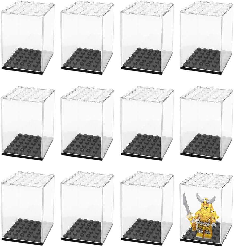 Minifigure Display Case Single, Gobesty 12Pcs Acrylic Display Case for Minifigures, Dust Proof Storage Case for Building Block, Stackable Building Block Display Box for Figurines and Collectibles