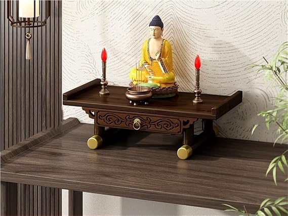 Personal Shrine Altar Table, Bamboo Buddha Altar Table with Drawer, Chinese Niche Incense Tribute Puja Table, Home Small Buddhist Table, Ofrenda Altar(15.3x3.5in)