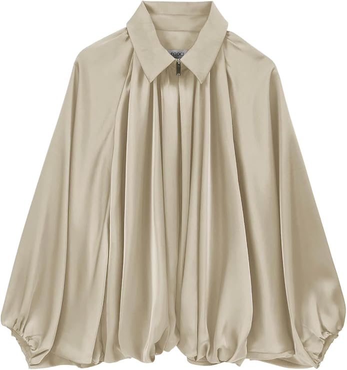 Womens Satin Puffed Bomber Jacket Oversized Batwing Sleeve Pleated Jackets