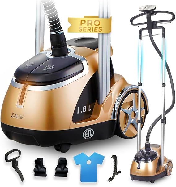 SALAV Professional Standing Garment Steamer with Retractable Power Cord, Foot Pedal Control, Wheels for Easier Movement (Gold)