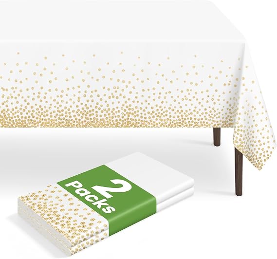 2 Pack White and Gold Dot Tablecloth, White Plastic Table Cloths for Parties Disposable, 54x108in Waterproof Rectangular Camping Tablecloth for Birthday Party Picnic Baby Shower