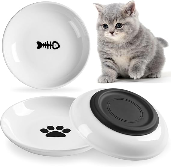Ceramic Cat Bowls, Wellbro Dishes and Plates for Cats & Kittens, Shallow | Whisker Friendly, Flat, Non-slip, Dishwasher Safe. Ideal for Wet and Dry Food, Pack of 3