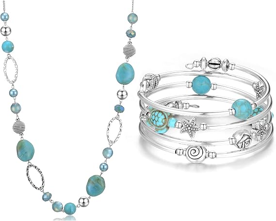 Turquoise Beaded Sweater Chain Necklace Layered Wrap Bangle Bracelet Set