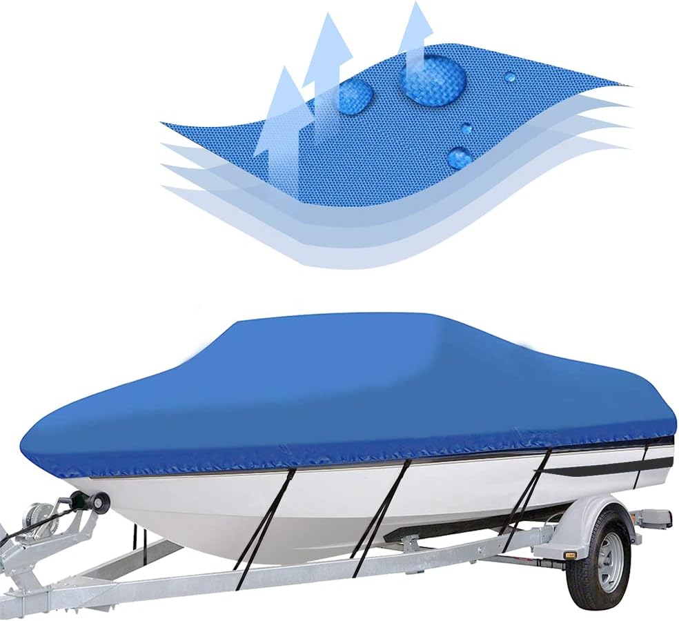 14-16ft Trailerable 210D Boat Cover, Heavy Duty Waterproof UV Resistant Marine Grade Oxford Fabric fits V-Hull,TRI-Hull,Trailer,Pro-Style,Fishing Ski,Runabout,Bass Boat with Strap Blue