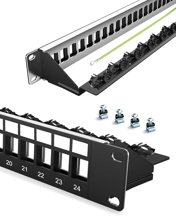 24-Port Blank Keystone Patch Panel for Rackmount Shielded 1U 19inch Network Patch Panel with Cable Support Bar