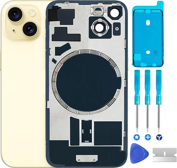Original Back Glass Replacement for iPhone 15 Rear Back Cover Glass with Waterproof and Camera Lens+Professional Repair Tool Kit(Yellow)