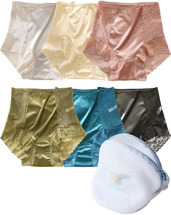 Women's Satin Panties 3-Pack - High Waist Lace Trim, Silk-Lined Comfort, 6-Pack + Wash Bag Included