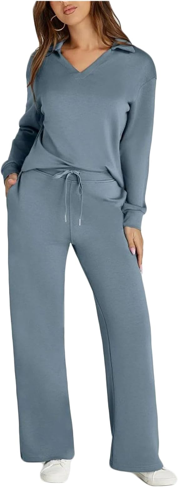 Bestgift Loose v-neck long sleeve top Drawstring elastic waist flared pants two-piece set