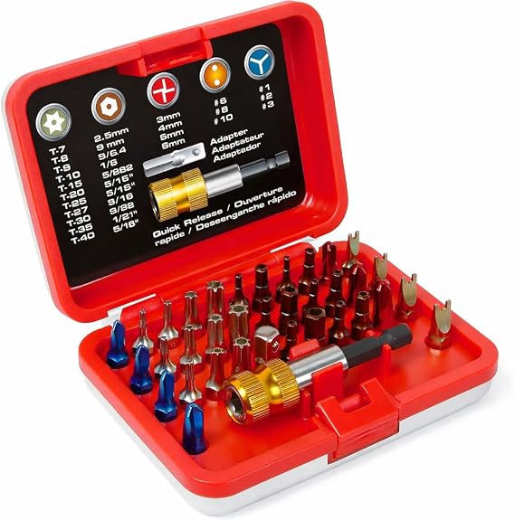 Powerbuilt Color Coded Security Bit Set, 36 Piece, Tamper Proof Torx, Hex, Spanner, Tri-Wing Bits, 1/4 Inch Adapter and Release, Red Case 940668